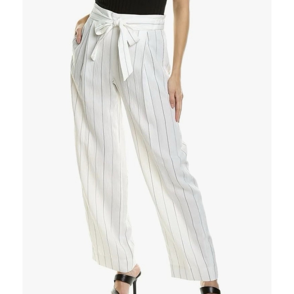 VINCE Striped Crepe Wide-leg Pants Striped Off-white Small Elastic Waist Career